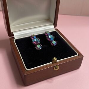 Vintage Aurora Borealis Rhinestone Clip-On Earrings 0.75” Estate